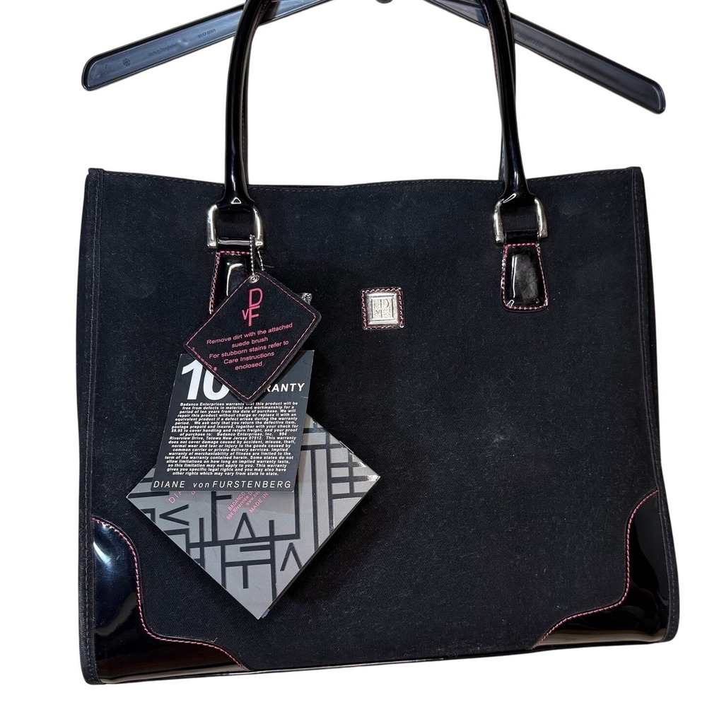 Diane von Furstenberg Black Suede Tote Bag with Patent Leather NWT